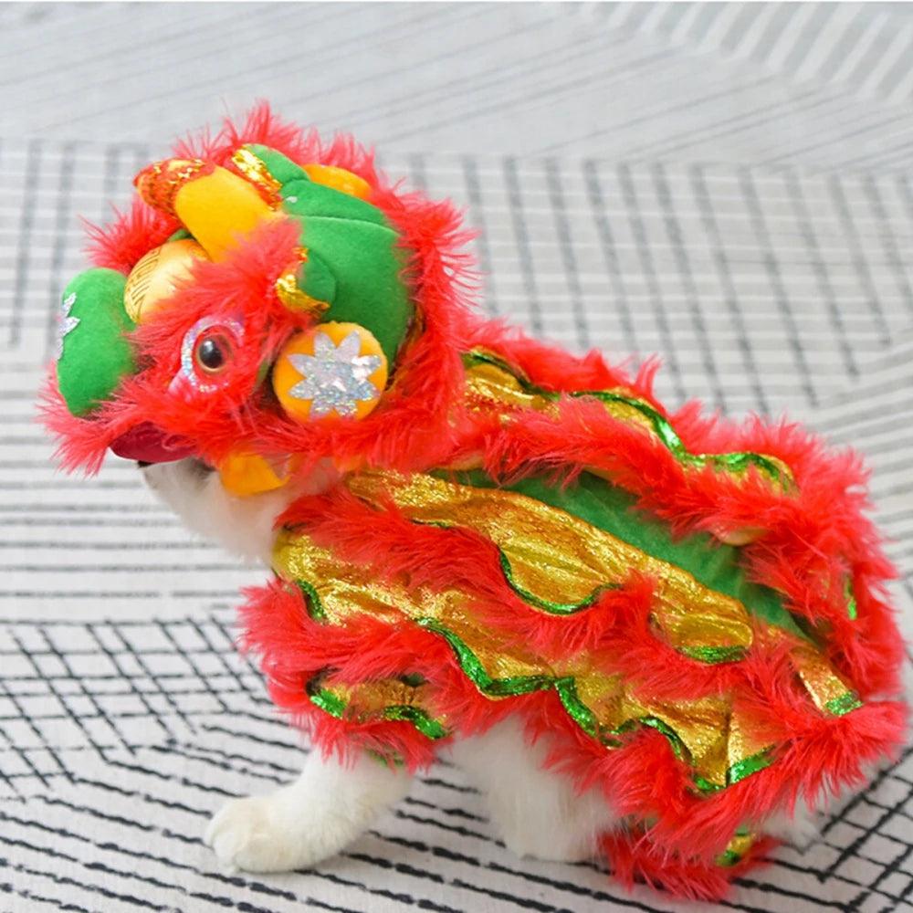 Christmas Funny Dog Clothes New Year Pet Chinese Costume Dragon Dance Lion Dog Party Dress Up Red Festive Lucky Cat Clothes