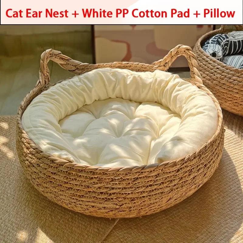 Summer Cat Bed Woven Removable Upholstery Sleeping House Cat Scratch Floor Rattan Wear-resistant Washable Cat Pet Supplies 35