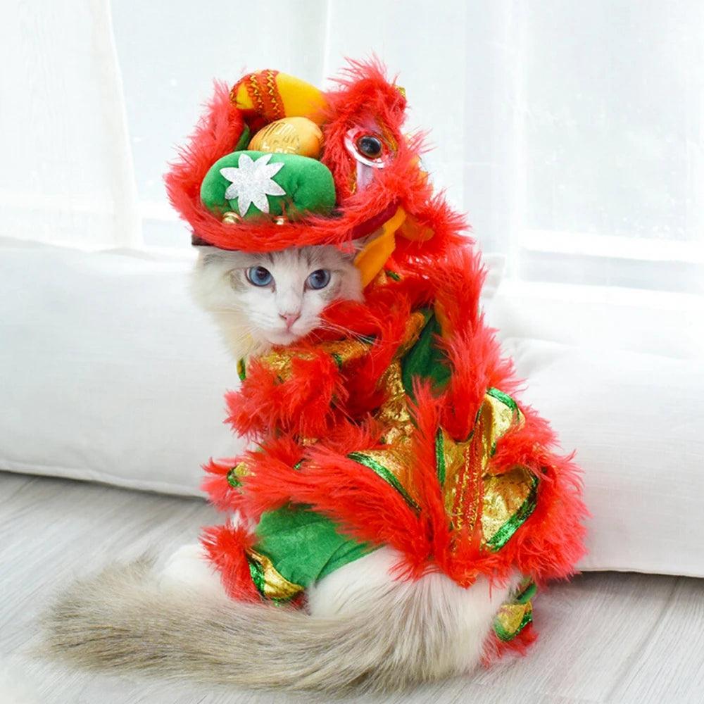 Christmas Funny Dog Clothes New Year Pet Chinese Costume Dragon Dance Lion Dog Party Dress Up Red Festive Lucky Cat Clothes